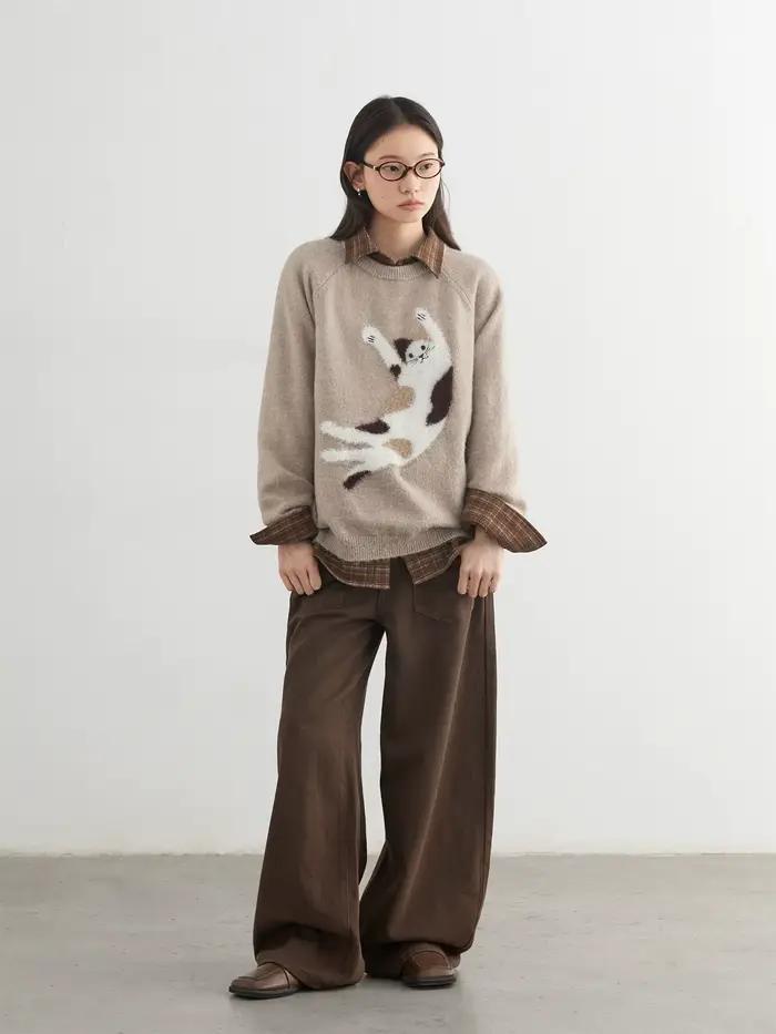 CHIC VEN femmes chandails ample décontracté O cou tricoté dessin animé chat chaud tricot pull femme