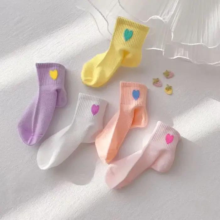 5 paires de chaussettes pour filles, motif en forme de cœur, maille respirante et confortable pour e