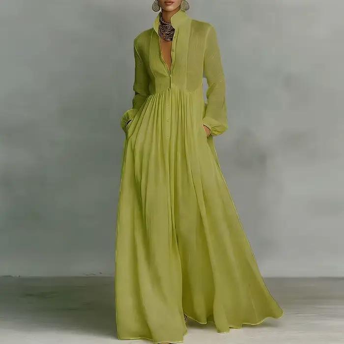 Robe longue élégante à taille haute pour femme, style swing, avec poches, plissée, pour le printemps