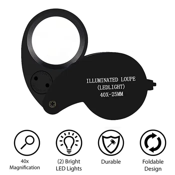 Loupe de bijoutier pliante de poche 40X, Loupe avec lumière pour montre, pièces de monnaie, timbres,