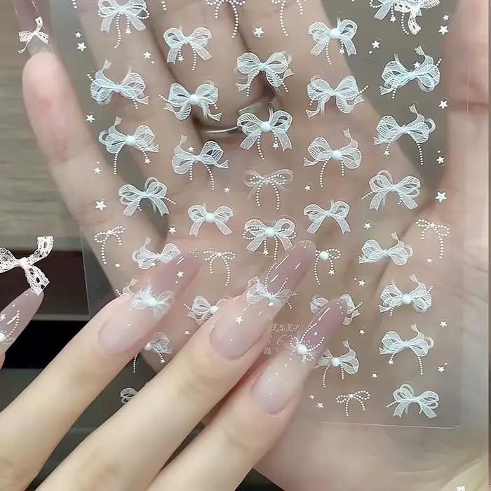 1 pièces 5D blanc dentelle nœud papillon Nail Art autocollant doux perle arc ruban auto-adhésif ongl