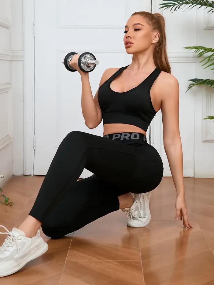 Leggings Yoga taille haute femme avec poches - Course entraînement extensible lettres imprimées - Polyvalent