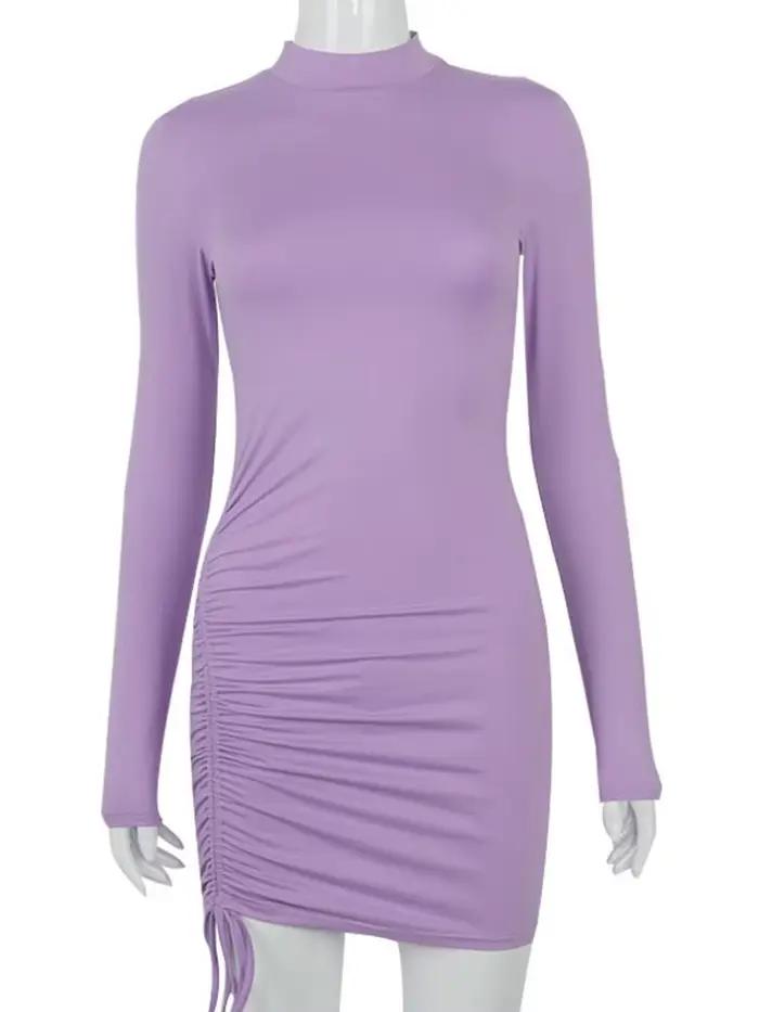 Robe moulante froncée à manches longues pour femmes, col roulé, Mini robe à bandes, noire, slim, ext