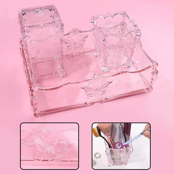 Boîte de rangement pour tampons de coton, motif papillon rose transparent, conteneur de serviettes,
