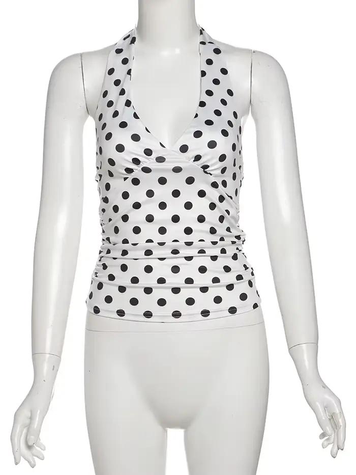Gilet imprimé chat étrange à pois pour femmes, Y2K, dos nu, col en v, slim, tendance d'été, quotidie