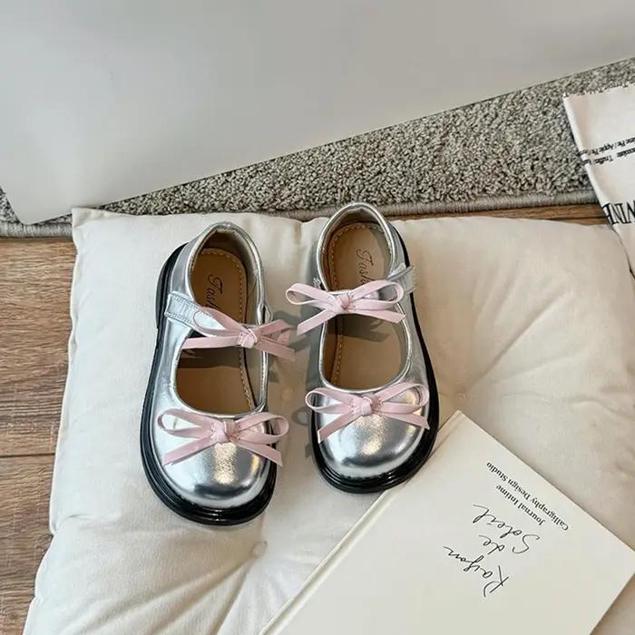 Printemps Fille Mary Janes Argent Noir Bowvétérans t Élégant Enfants Chaussures En Cuir Chunky Rond