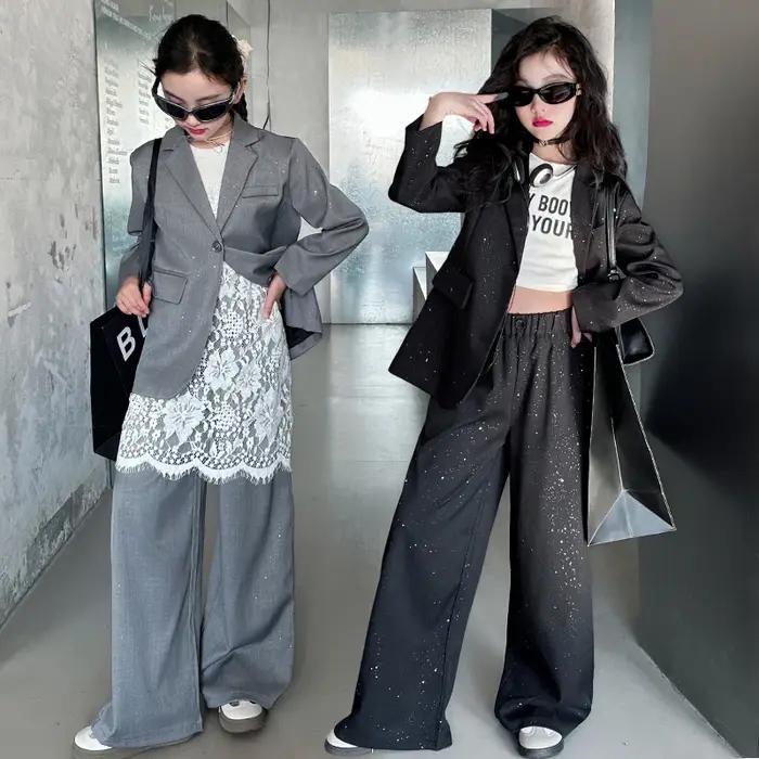 Design adolescente costume brillant ensemble noir gris Blazer + pantalon à jambes larges 2pc junior