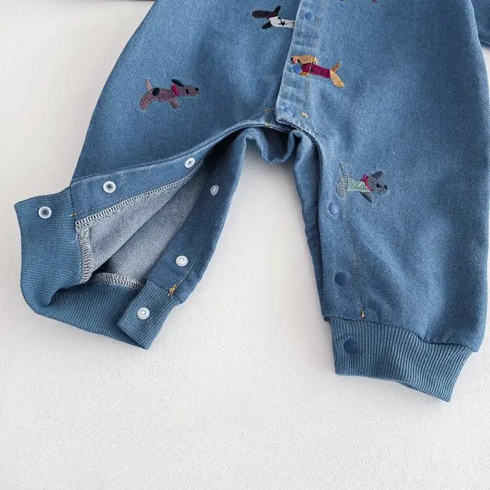 Costume une pièce pour bébé, vêtements d'automne en denim, vêtements rampants d'extérieur brodés pou