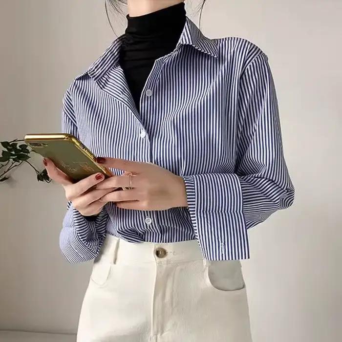 Classique rayé femme printemps automne Blouses chemise dame longue lanterne manches col montant lâch