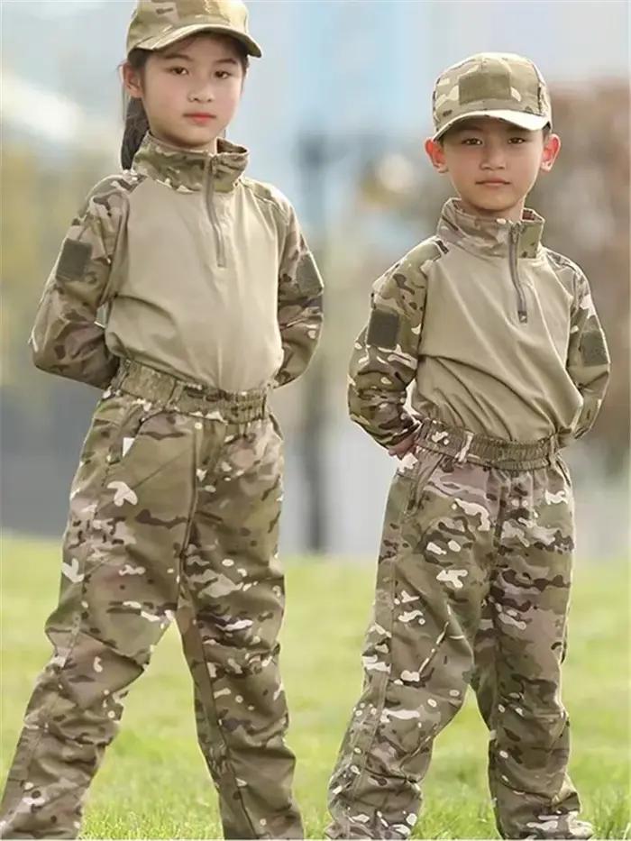 Ensemble de vêtements de chasse et Airsoft pour enfants, uniforme tactique de camouflage, matériel durable, poches pratiques pour randonnées亲子户外探险迷彩战术服装套装,适合儿童使用,耐久材料,实用口袋设计,适合徒步旅行