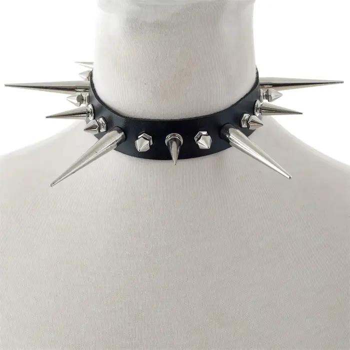 Collier ras du cou Punk en Faux cuir pour femmes et hommes, longs Rivets cloutés, Style gothique, ac