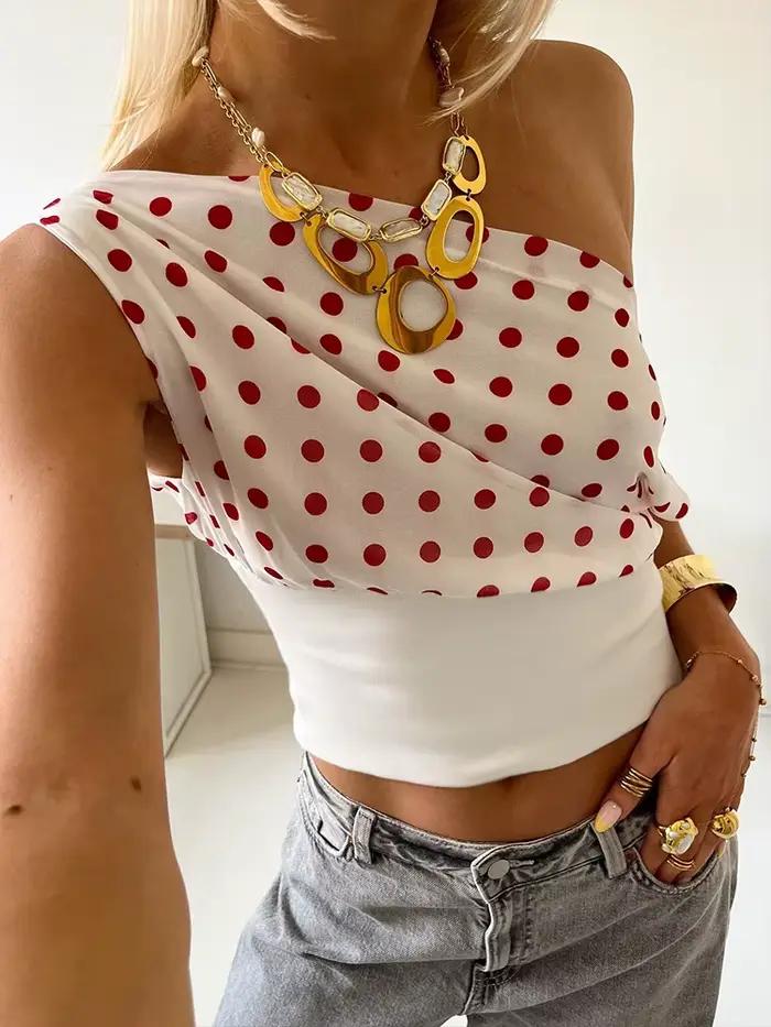 T-Shirts imprimés à pois pour femmes, tendance d'été, col incliné, épaules dénudées, dos nu, mode de