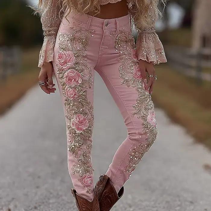 Jeans à jambes droites à imprimé floral pour femmes, style européen et américain, pantalon en denim