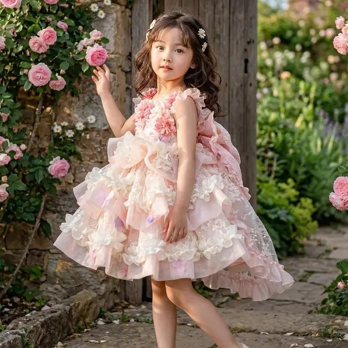 Robe de princesse Lolita originale pour filles, robe rose à fleurs pour anniversaire, mariage, fête,