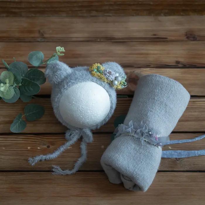Nouveau-né tricot extensible Mohair enveloppement dentelle volants couture Bonnet et bandeau photogr