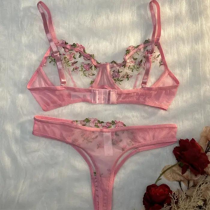 Sous-vêtements Sexy pour femmes Transparent brodé petites fleurs soutien-gorge Lingerie chaude culottes intimes femme deux pièces ensemble vêtements