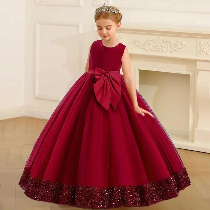 Robe princesse de demoiselle d'honneur à paillettes moelleuses pour filles, avec nœud élégant, rose,