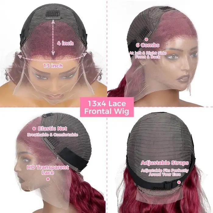 Perruque Lace Front Wig Body Wave Brésilienne Naturelle, Cheveux Humains, Rouge Bordeaux 99J, 13x4,