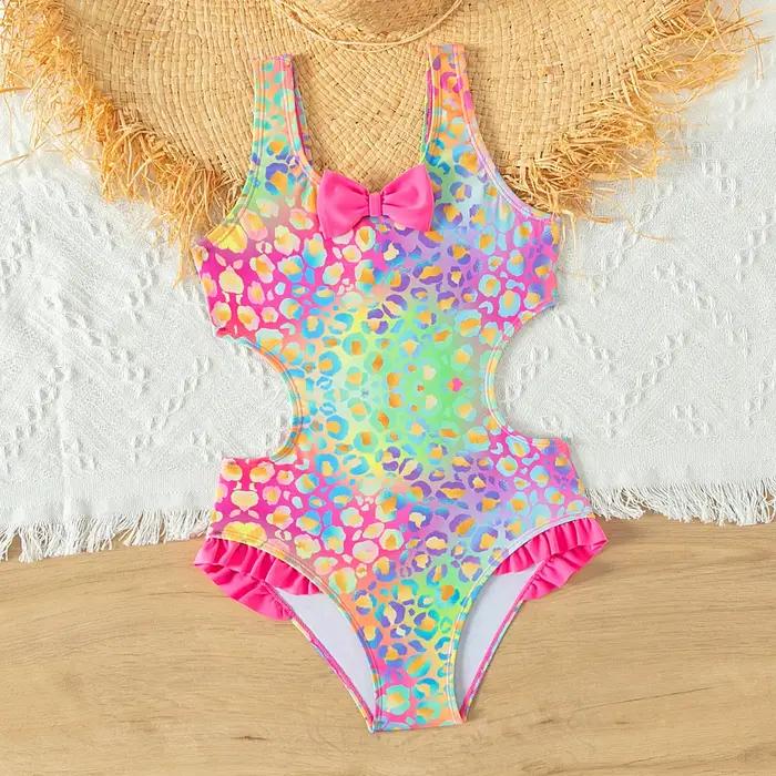 Maillot de bain une pièce pour filles, lumineux et coloré, avec nœud à volants, pour adolescentes, v