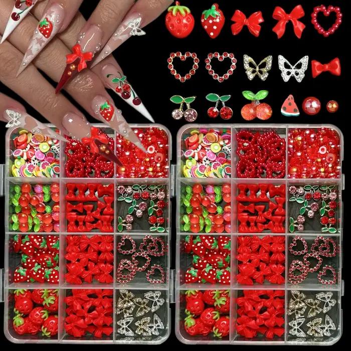 Breloques 3D cerise rouge/fraise/arc pour Nail Art, 12 grilles, alliage papillon/amour/ruban Y2K, dé