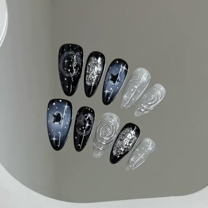 Faux ongles à pression faits à la main Y2k, ciel étoilé, amande, détachables, portables, doux et fra