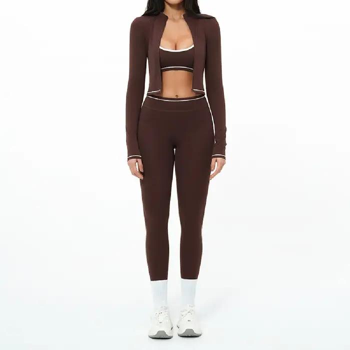 Ensemble de yoga 3 pièces avec fermeture éclair, tenue de sport d'extérieur, survêtement de gym pour