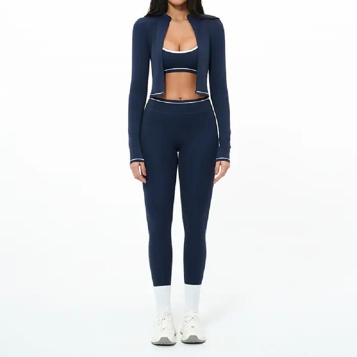 Ensemble de yoga 3 pièces avec fermeture éclair, tenue de sport d'extérieur, survêtement de gym pour