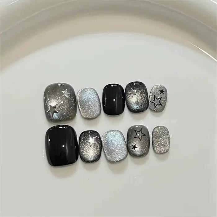 10 pièces noir mignon chat à la main presse sur ongles cristal oeil de chat faux ongles paillettes b