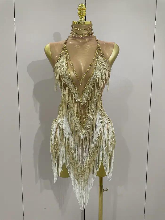 Stock 2025 femmes Sexy maille extensible brillant strass glands Mini robe discothèque chanteur danse