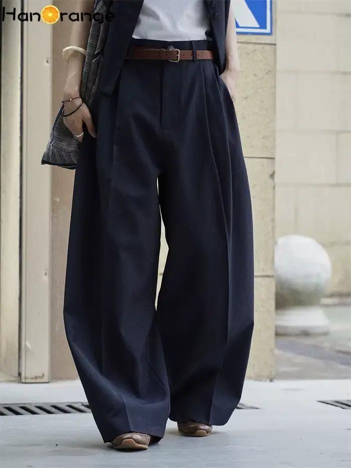 HanOrange 2025 début automne Simple gilet court + pli courbé jambe large pantalon femmes 2 pièces en