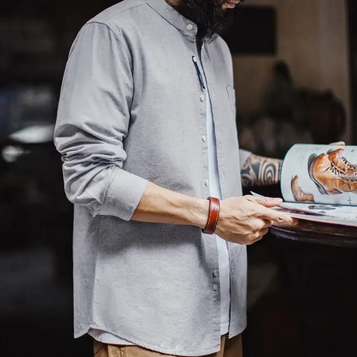 Chemise en coton Oxford à col rond pour homme Maden, manches longues, décontractée, unie, à simple b