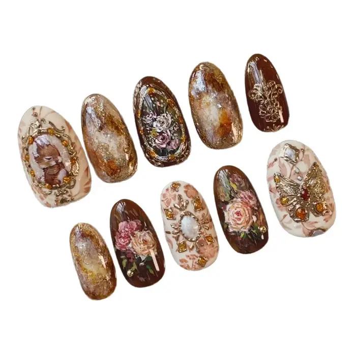 24 pièces ambre Rose faux ongles presse sur ongles avec peinture à l'huile motifs de fleurs longue a