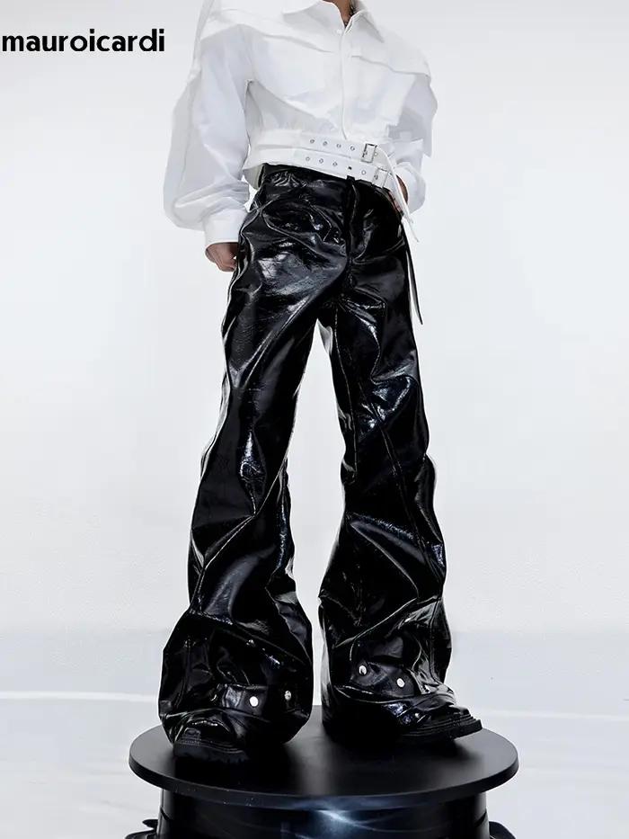 Mauroicardi printemps automne Cool noir brillant réfléchissant Pu cuir Flare pantalon pour hommes ha
