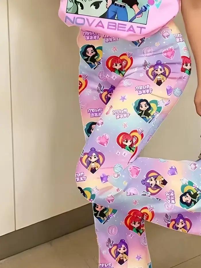 Ensemble pantalon 2 pièces Kpop Nova Beat Girls, t-shirt graphique rose et leggings évasés en forme