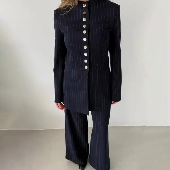 VTKW Nouvelle Collection 2026 – Ensemble Blazer et Pantalon Large Bleu Marine à Rayures Fines pour F