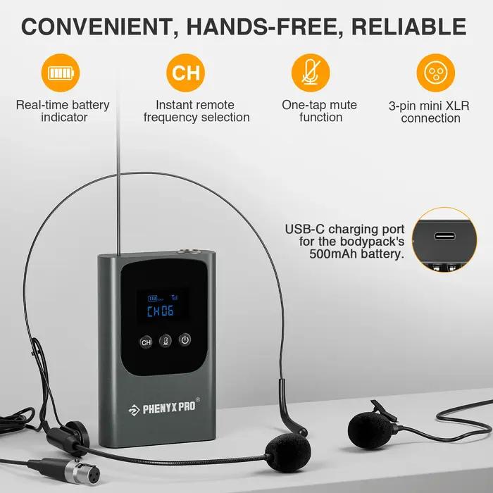 Phenyx Pro Système de microphone sans fil numérique unique avec 15 canaux UHF, émetteur Bodypack, mi