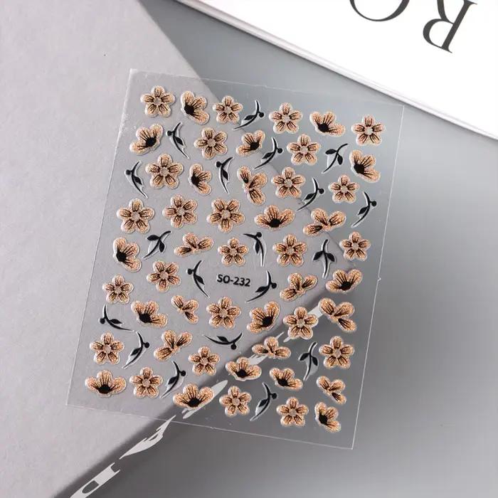 Autocollant 3D pour ongles, 2 pièces, noir, or, paillettes, fleur, pétales brillants, feuilles, Nail