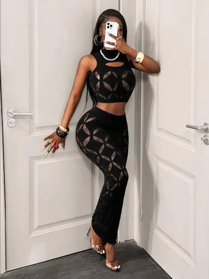 FHSEER Ensemble sexy 2 pièces grande taille pour femme, débardeur court en maille transparente ajour