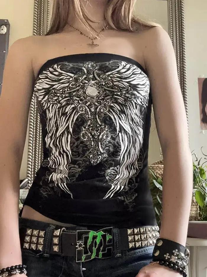 Haut tubulaire sans bretelles noir imprimé gothique pour femmes, slim, court, décontracté, Chic, gra
