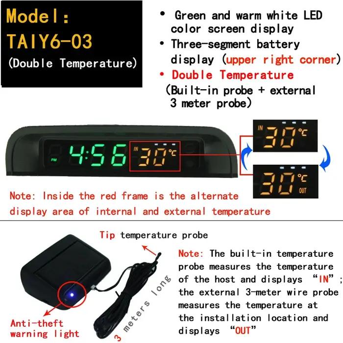 Horloge numérique de voiture solaire, thermomètre à double affichage couleur, interrupteur intellige