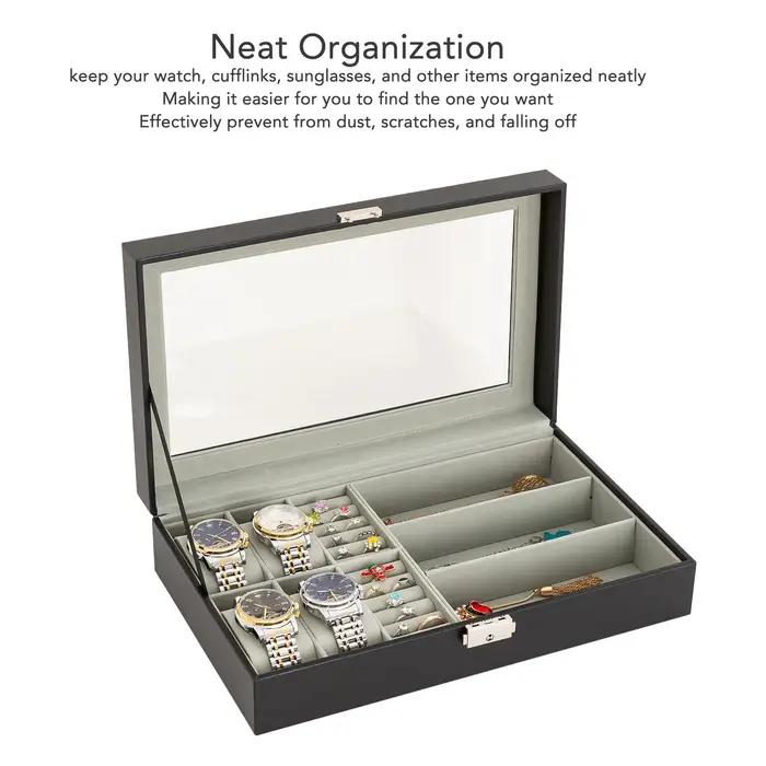 Boîte à bijoux pour hommes organisateur polyvalent pour montres lunettes et bagues avec décoration métallique pour rangement et protection des accessoires masculins