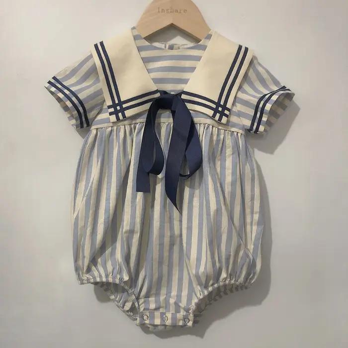 Vêtements Boutique pour bébés garçons et filles, barboteuse à rayures bleues et bleu marine, tenue V