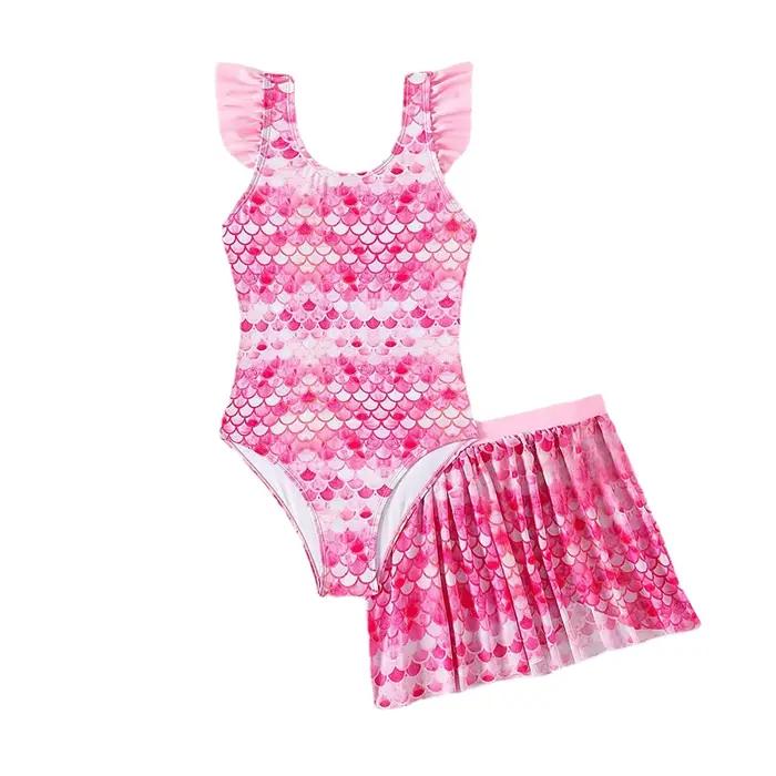 Maillot de bain une pièce avec jupe pour filles - Imprimé sirène rose plage été enfants baignade