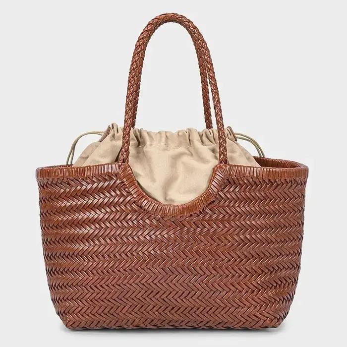 Sac fourre-tout tissé à la main de marque, grand panier à légumes en cuir véritable français avec po