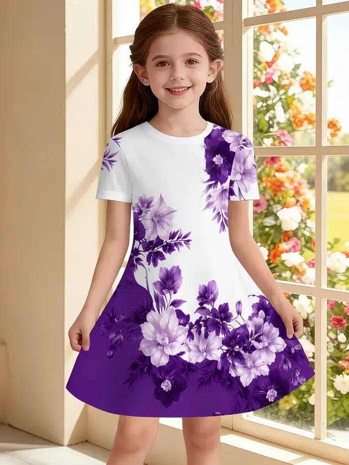 Robes pour filles, robe à manches courtes avec imprimé floral coloré, robe de princesse pour vacance