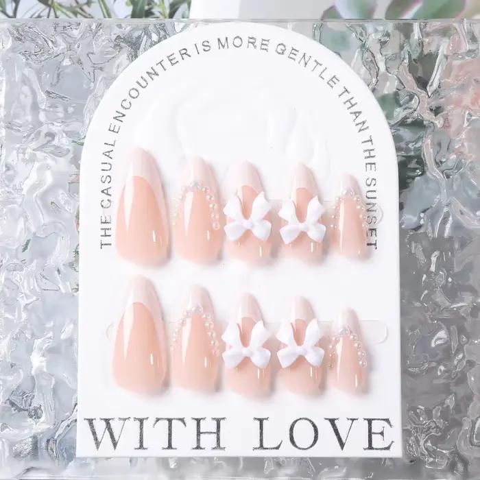 24 pièces (+ outils) perle arc nu rose presse sur ongles blanc français bout des doigts amande couve
