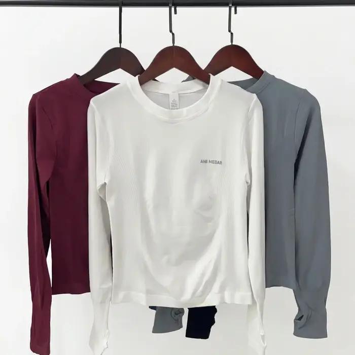 Haut de yoga pour femmes, chemise sans couture, t-shirts de sport, vêtements de fitness, manches lon