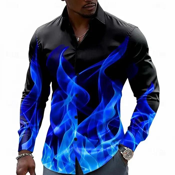 Chemise à boutons pour homme à effet d'illusion optique flamme néon, décontractée, à manches longues