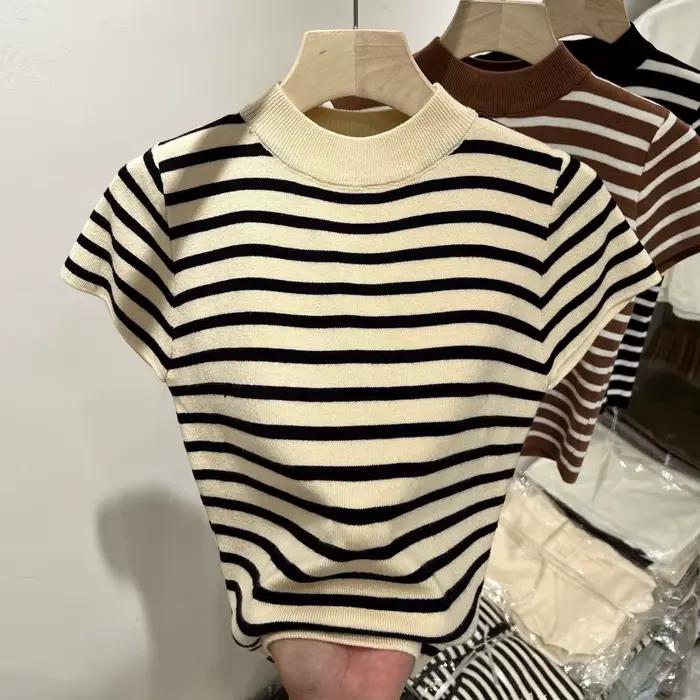 Pull à demi-col roulé rayé pour femme, haut ajusté, chemise à manches courtes, début du printemps et