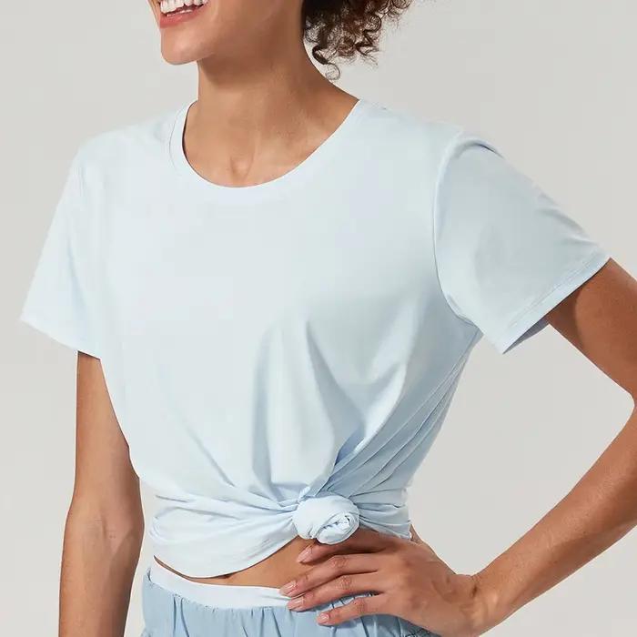 T-shirt de yoga à manches courtes pour femmes, tissu super commandé, chemise de gym respirante, haut
